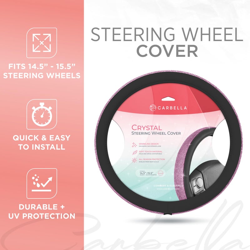 Carbella Leatherette Crystal Bling Steering Wheel Cover for Car SUV, Glitter Sparkle Rhinestone Cute Car Accessories for Women Universal Fit Standard Size (Fits 14.5"-15") - Black w/Pink Bling - Image 3